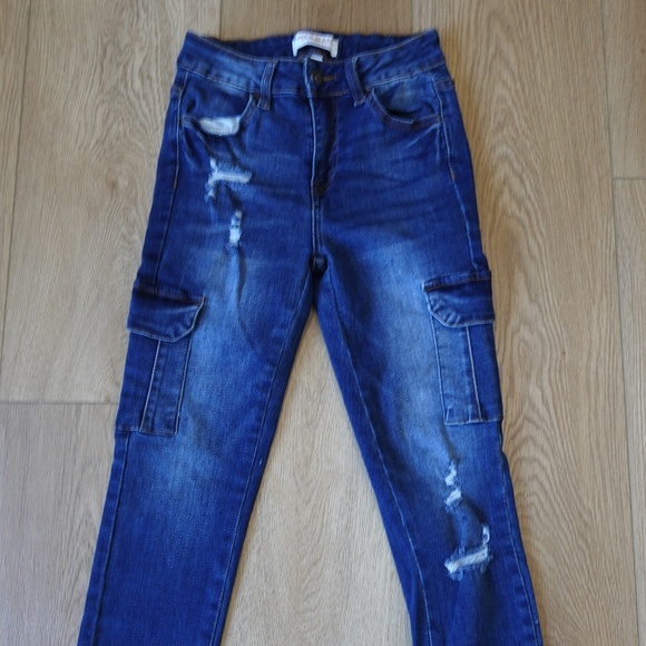 Wax Jean Women’s Skinny Cargo Jeans • Distressed Blue Denim • Size 1 - Picture 1 of 3